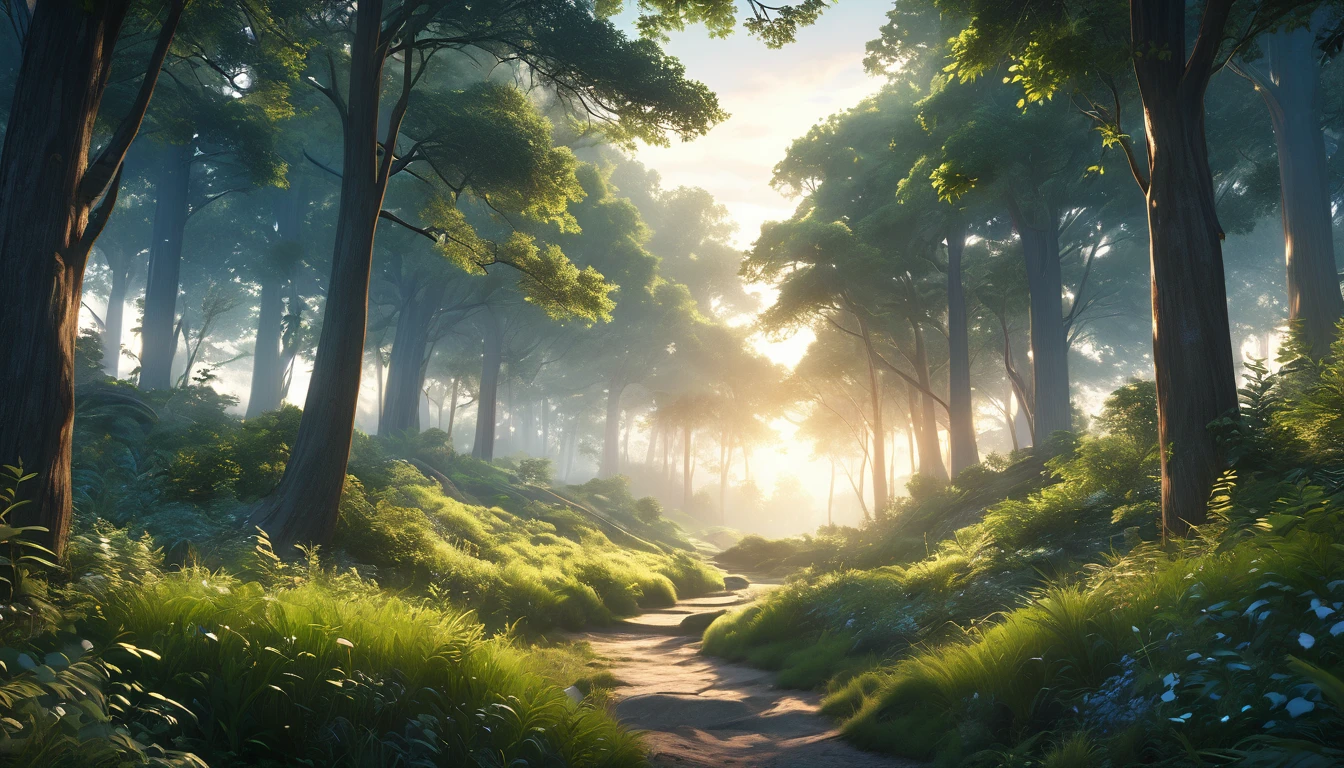 a serene summer morning, beautiful detailed sky, glowing stars in the night sky, a dim forest path, lush green foliage, (best quality,4k,8k,highres,masterpiece:1.2),ultra-detailed,(realistic,photorealistic,photo-realistic:1.37),fantasy landscape,concept art,warm lighting,cinematic,natural colors,morning atmosphere