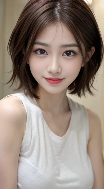 blush a little and smile, (Top quality masterpiece:1.2) Delicate illustrations, Very detailed, /Beautiful Japanese Woman、1 person,Very cute and slim、Great style 、((8k images、super high quality))、Very delicate face, Skin and Hair、Big Breasts、beautifule forehead、Red lipstick、(((((short hair、Light brown hair、Lure))))),Very cute Japanese cut face、Eyes and nose are clearly visible、Kind eyes,((((White sleeveless fashion))))