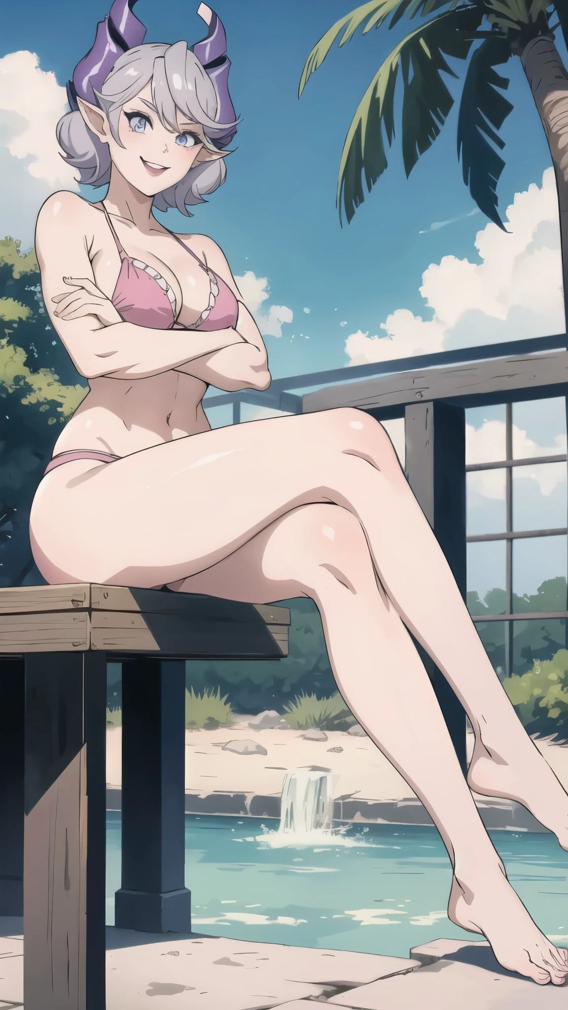 Waterfalls High level image quality best image quality 8K adult woman background a lake in the middle of jungle outside more colors whole body view portrait wearing deep army pink bikini pink horn ears short hair((shortcut)(gray hair)(perm)(fluffy)) eye color is blue , , attractive evil face , smile , sexy pose , labrynth , barearm , crossed arms , sitting , wearing pink , crossed legs ,