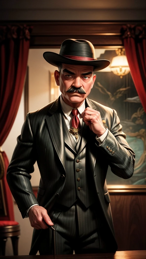 a sophisticated mystery crime scene, 1930s orient express, detailed portrait of hercule poirot, masterfully dressed in a fine suit, elegant mustache, piercing eyes, solving a murder case, intricate plot, lavish train interior, rich mahogany wood, plush velvet seats, golden accents, dramatic lighting, deep shadows, mysterious atmosphere, cinematic composition, photorealistic, highly detailed, oil painting, renaissance art style, chiaroscuro lighting, moody color palette, muted tones