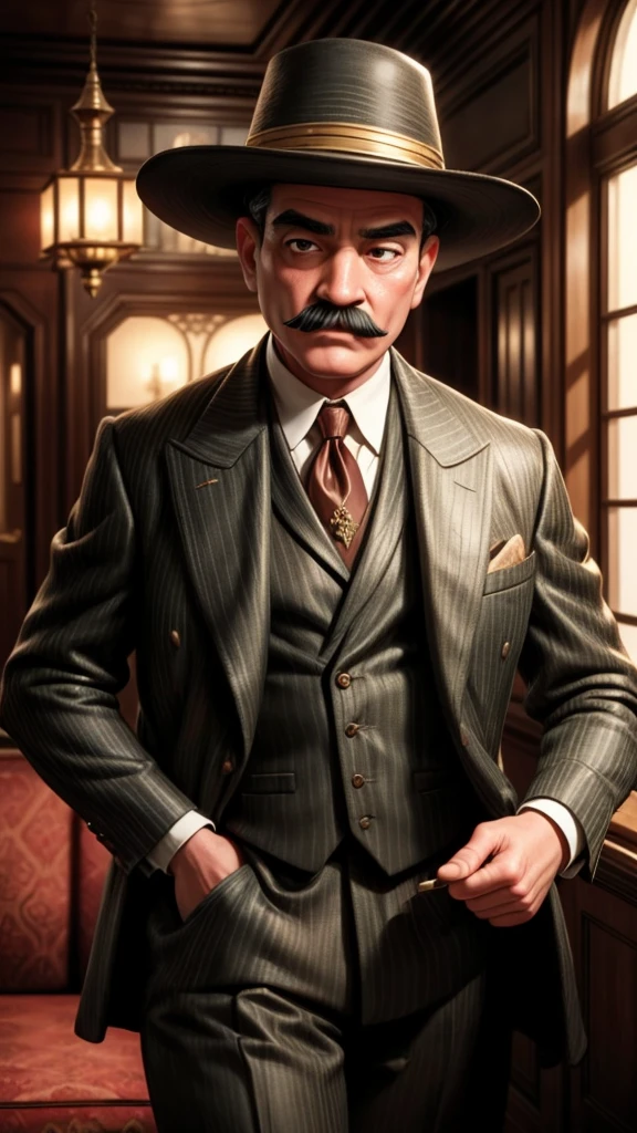 a sophisticated mystery crime scene, 1930s orient express, detailed portrait of hercule poirot, masterfully dressed in a fine suit, elegant mustache, piercing eyes, solving a murder case, intricate plot, lavish train interior, rich mahogany wood, plush velvet seats, golden accents, dramatic lighting, deep shadows, mysterious atmosphere, cinematic composition, photorealistic, highly detailed, oil painting, renaissance art style, chiaroscuro lighting, moody color palette, muted tones