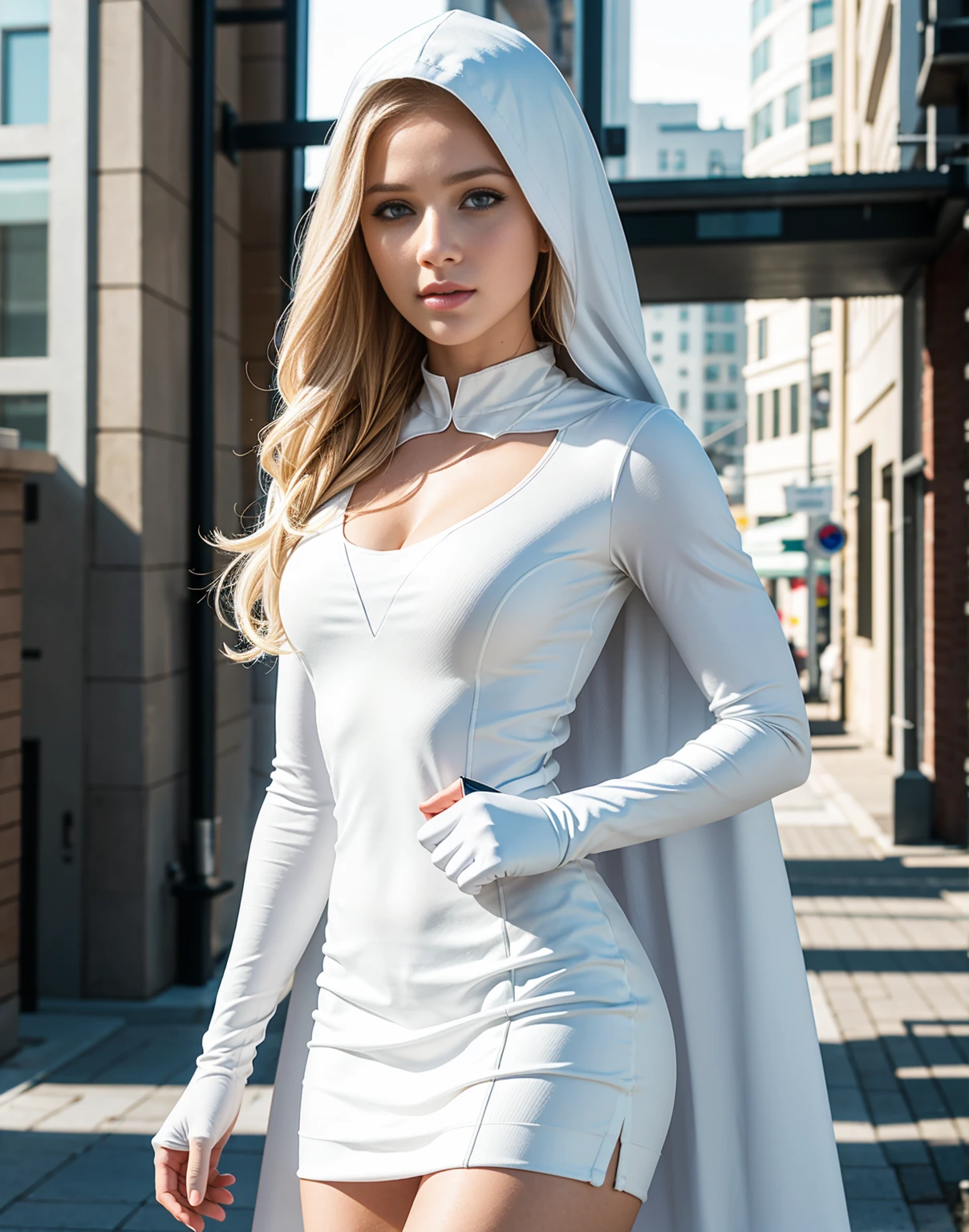 8K, Master Piece, Raw Photo, Highest Quality, Photorealistic, High Definition CG Unity 8K Wallpaper, Depth of Field, Cinematic Light, Lens Flare, Ray Tracing, Full Body Portrait, (Extremely Beautiful Face, Beautiful lips, beautiful eyes) White Supergirl square neck costume (exactly white Supergirl), long blonde hair and blue eyes, white pencil skirt, white cloak, black tights, white boots, white gloves Townscape, Futuristic city, AMBER HEARD