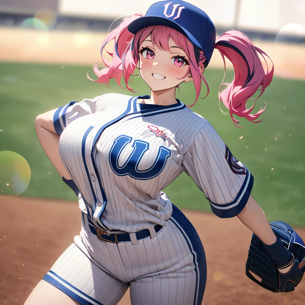 A woman wearing a baseball uniform, white shirt with a blue stripe, white sports shorts with a blue stripe, sports shoes, on a baseball field, hot pink hair, gray bangs, multicolored hair, pigtails, pink eyes, smiling, Big breasts, wearing a blue sports hat, standing upright(solo woman) ,UHD , prime work , accurate , anatomically correct , textured skin , super details , high quality , best quality, 8k, high resolution, bokeh effect,
