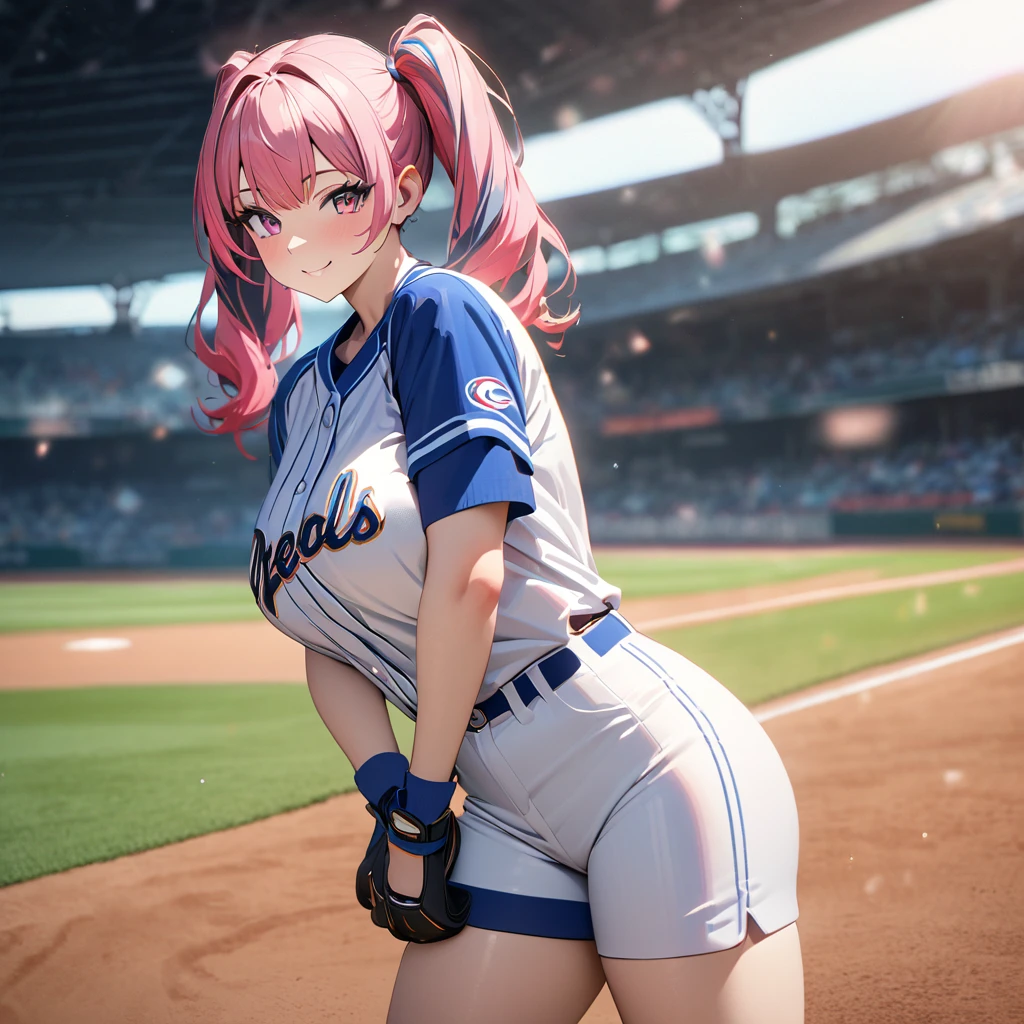 A woman wearing a baseball uniform, white shirt with a blue stripe, white sports shorts with a blue stripe, sports shoes, on a baseball field, hot pink hair, gray bangs, multicolored hair, pigtails, pink eyes, smiling, Big breasts, wearing a blue sports hat, standing upright(solo woman) ,UHD , prime work , accurate , anatomically correct , textured skin , super details , high quality , best quality, 8k, high resolution, bokeh effect,
