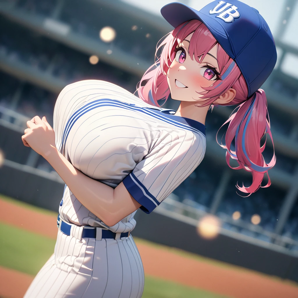 A woman wearing a baseball uniform, white shirt with a blue stripe, white sports shorts with a blue stripe, sports shoes, on a baseball field, hot pink hair, gray bangs, multicolored hair, pigtails, pink eyes, smiling, Big breasts, wearing a blue sports hat, standing upright(solo woman) ,UHD , prime work , accurate , anatomically correct , textured skin , super details , high quality , best quality, 8k, high resolution, bokeh effect,
