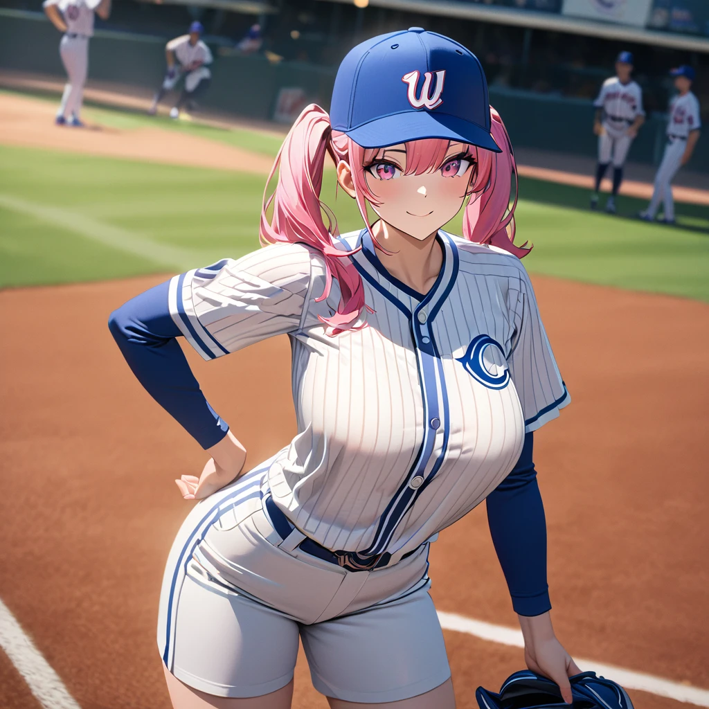 A woman wearing a baseball uniform, white shirt with a blue stripe, white sports shorts with a blue stripe, sports shoes, on a baseball field, hot pink hair, gray bangs, multicolored hair, pigtails, pink eyes, smiling, Big breasts, wearing a blue sports hat, standing upright(solo woman) ,UHD , prime work , accurate , anatomically correct , textured skin , super details , high quality , best quality, 8k, high resolution, bokeh effect,
