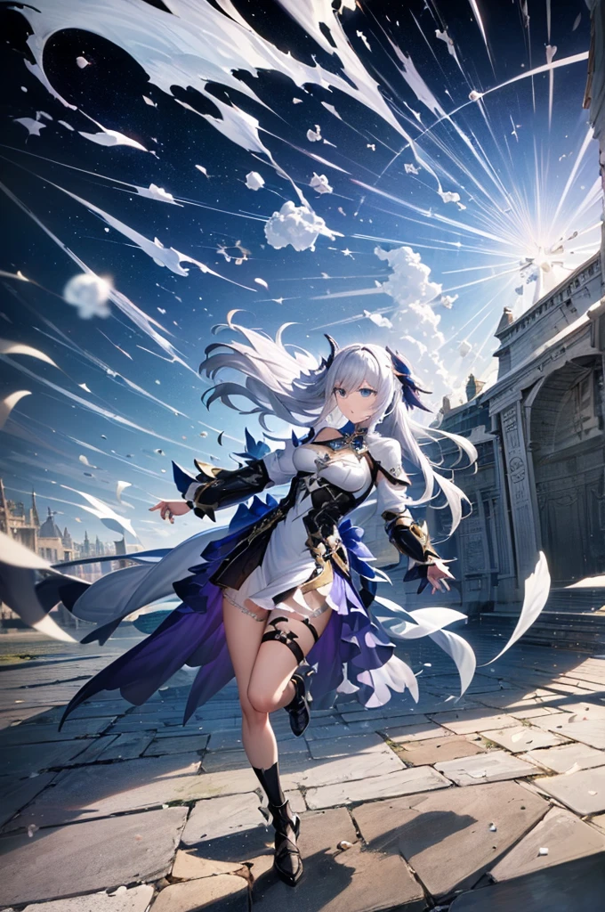 a cartoon of a woman with white hair and blue eyes, arte conceptual de Kamagurka, pixiv, Baroque, Impact of Genshin Impact, armor girl, de Arknights, anime splash , paimon game genshin impact, genshin impact character, genshin, paimon from genshin impact, from bravely predetermined ii, fantasy big blue