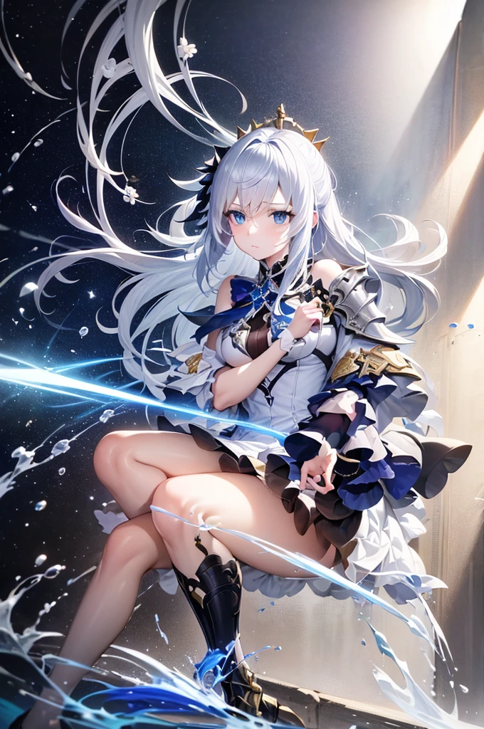 (masterpiece,best quality)best resolusion,2head:1.5,1 girl,firefly character,long gray hair,gray eyes,Head accessories,wearing a blue dress with white on the sleeves and under the chest and black cloth on the shoulders with gold patterns,wearing a two-pronged orange tie,normal breasts,The thighs of the legs are covered with blue cloth with the top edge being white,simple background,HDR,4K,ulta high res,perfect lighting,colored,beautiful face,beautiful hair,beautiful eyes,beautiful body, beautiful hand
