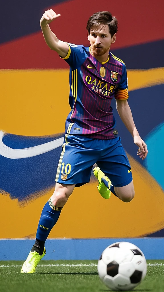 Soccer player Lionel Messi、Holding a high resolution soccer ball, Soccer stadium background、With arms outstretched、Highest quality, accurate, Anatomically correct, Abstract painting, masterpiece,