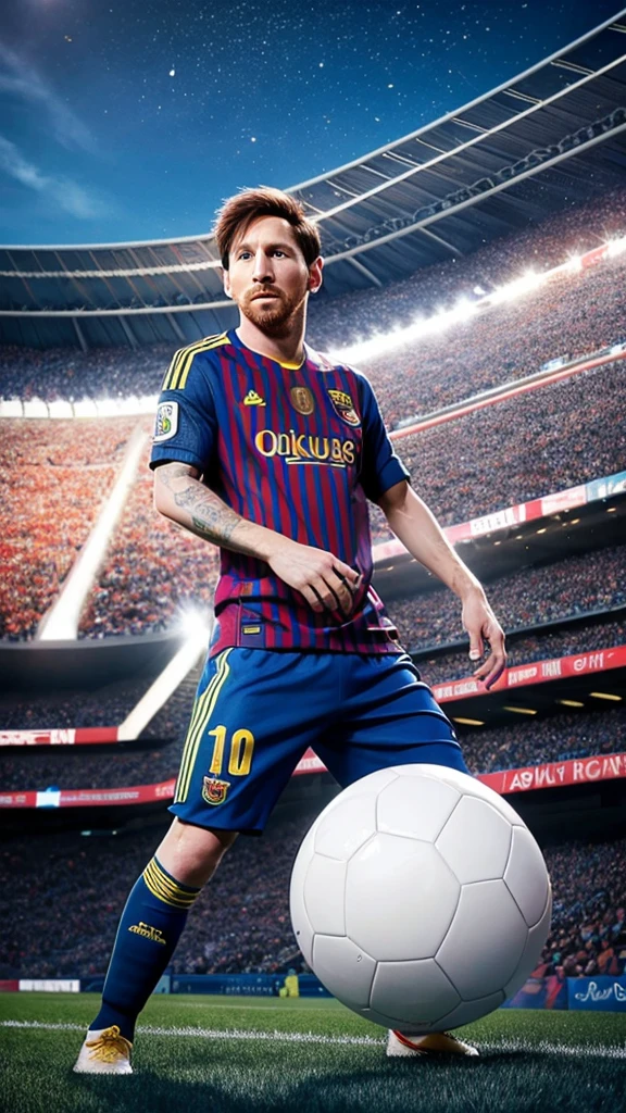 Soccer player Lionel Messi、Holding a high resolution soccer ball, Soccer stadium background、With arms outstretched、Highest quality, accurate, Anatomically correct, Abstract painting, masterpiece,