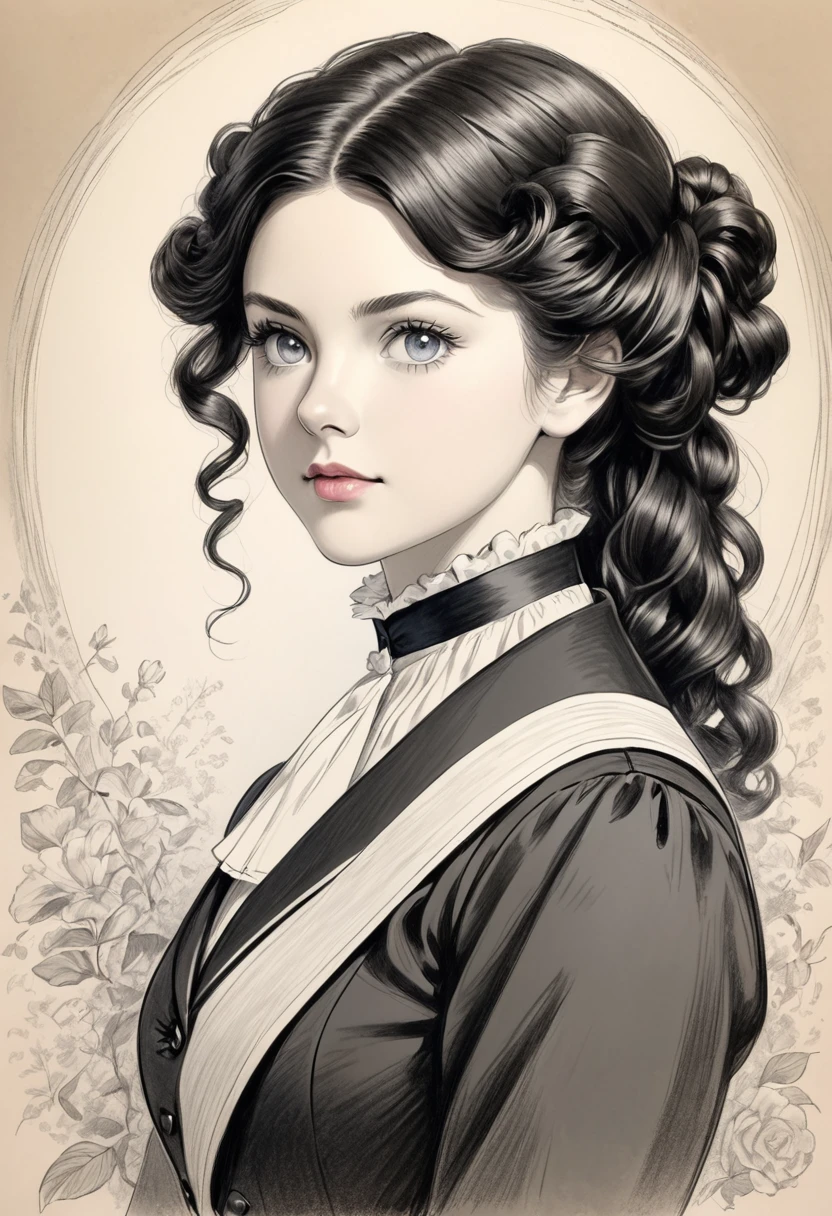 A pencil drawing of a young victorian governess, curly black hair. Kind and inteligent energy.