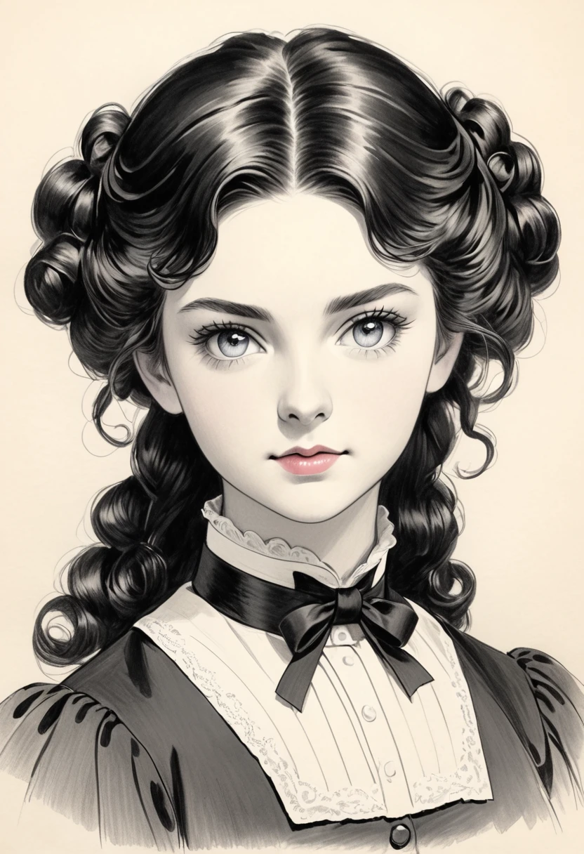 A pencil drawing of a young victorian governess, curly black hair. Kind and inteligent energy.