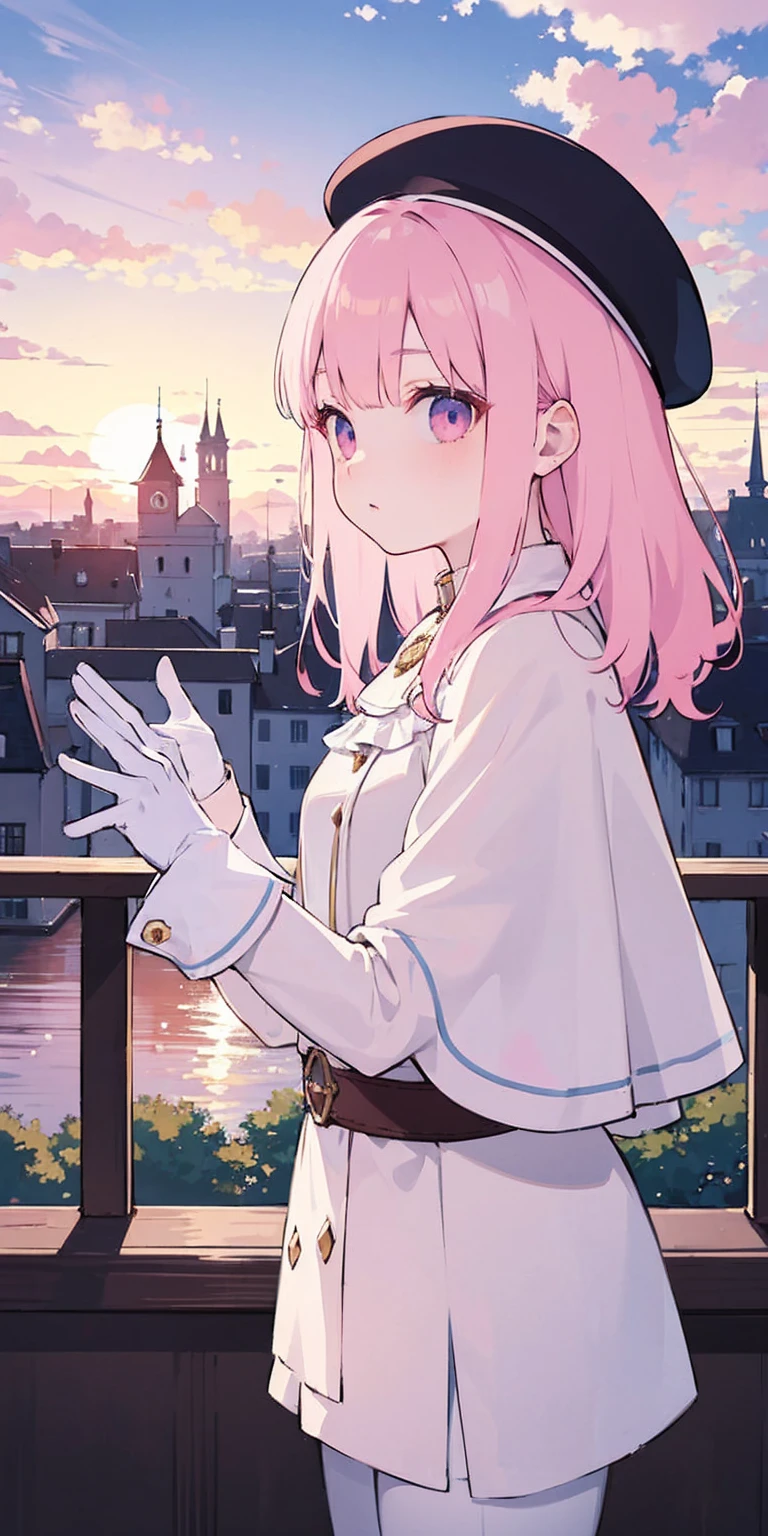 masterpiece, best quality, feforrest, otoko no ko, beret, pink capelet, pink tunic, white pants, brown gloves, upper body, sunset, gothic architecture, castle, clouds, looking at viewer, from side, shy