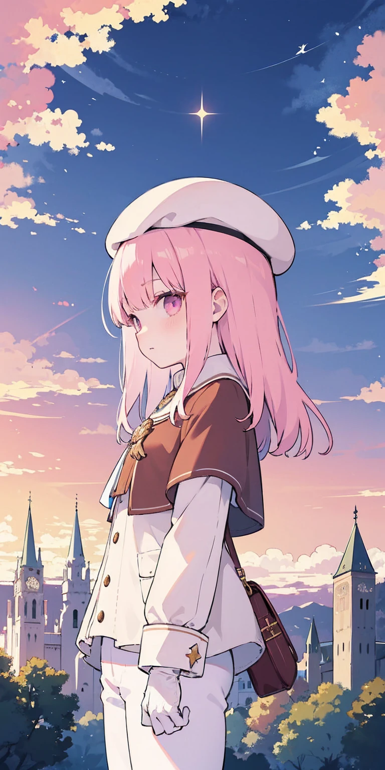 masterpiece, best quality, feforrest, otoko no ko, beret, pink capelet, pink tunic, white pants, brown gloves, upper body, sunset, gothic architecture, castle, clouds, looking at viewer, from side, shy