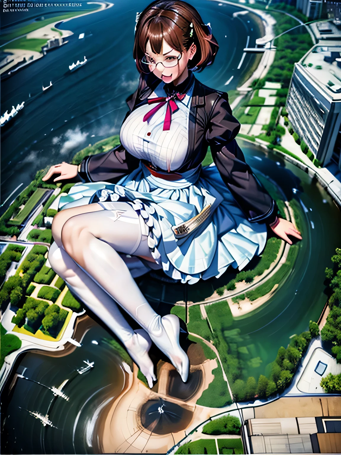 multiple girls, giantess art, highly detailed giantess shots, giantess, most detailed, perfect face, Two legs, Five fingers, short hair, A beautiful girl who is bigger than a skyscraper, Wearing rimless glasses, smile, huge breasts, Maid clothes, Black Pantyhose, no shoes on, toes visible through pantyhose, Steam coming out from the soles of my feet, Destroying cities, Under heavy attack, A very small big city, Miniature metropolis, Full body description, GTS, giga giantess, stomping city, crash city, tiny city, micro city, pantyhose feet, High resolution, highest quality, masterpiece, 