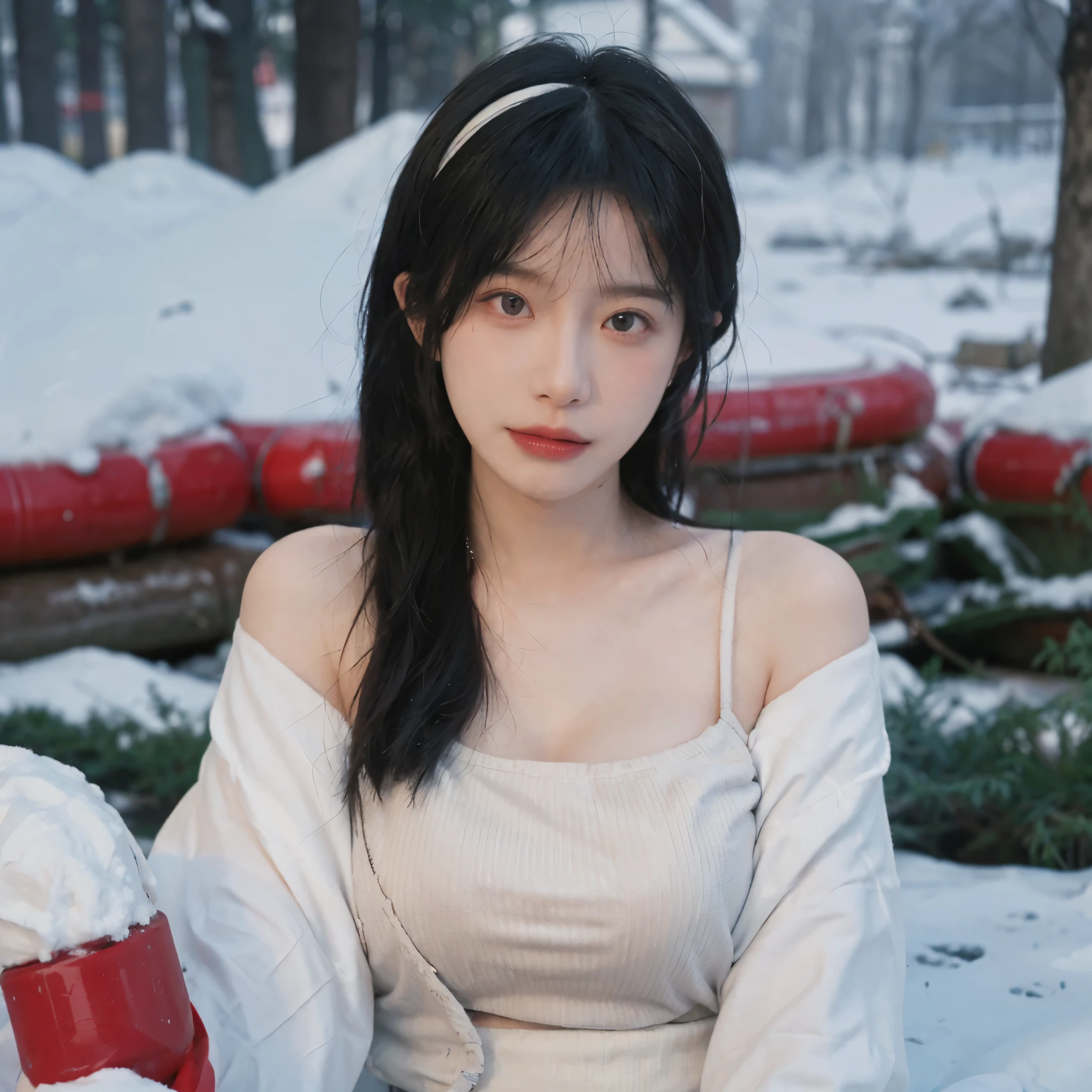 Portrait photography，1 girl，Snow Scene，Snowing background，Push-up non-slip tube top ，（whole body：1.4），Lipstick，(Big Breasts:1.6)，Headband，serene，calm，(Realistic and detailed eyes，Natural skin texture，Realistic facial details)，