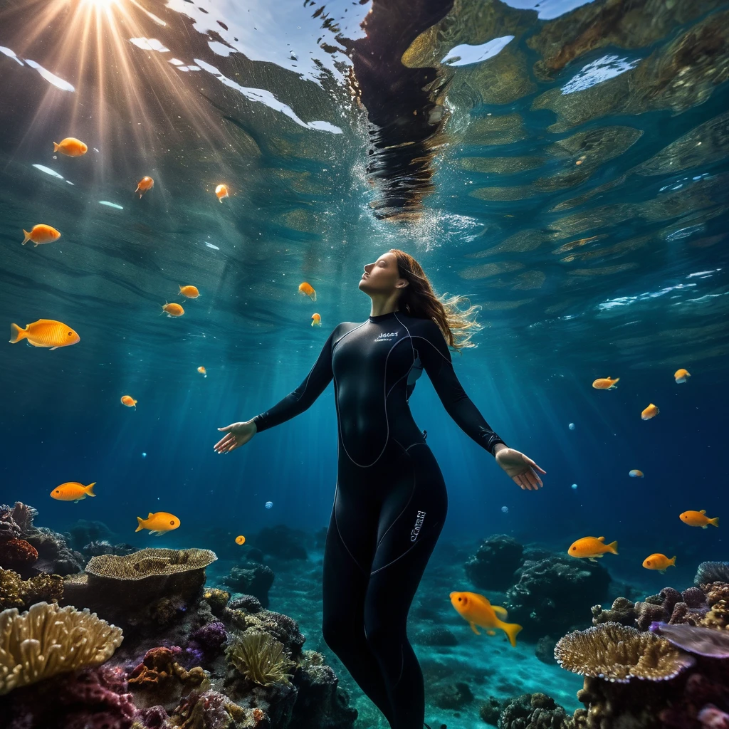 Endless sea at night. Partially underwater, a giant luminous barrier reef with glowing fish and jellyfish. Incorporate floating bioluminescent spheres that drift slowly through the water, emitting a soft glow. Deep dark ocean with translucent silhouettes of mythical sea creatures in the background, Almost invisible. Wearing an intricately crafted short wetsuit that seems to be woven from the fabric of celestial bodies absorbed into the wonders of the universe、Woman freediving just below the surface of the water with her palms just below the surface。The body is decorated with layers of iris-like fish scales.。. bubble, splash, Wave, Soften the whole scene, The shimmering haze adds to the atmosphere. (Highest quality,4K,8k,High resolution,masterpiece:1.2), Very detailed, (Realistic, photoRealistic, photo-Realistic:1.37), High resolution,超High resolution,Studio Lighting, Physically Based Rendering, Very detailed説明, Professional, Concept Artist, Vibrant colors, landscape, Realism Color,