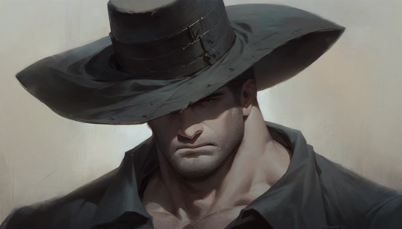 a man with a hat on, 2D art, anime style, flat colors, cel shading ,detailed face, 1 man, handsome man, wearing a stylish hat, serious expression, evil villain, moody, dark shadows, warm color tones, golden hour, best quality