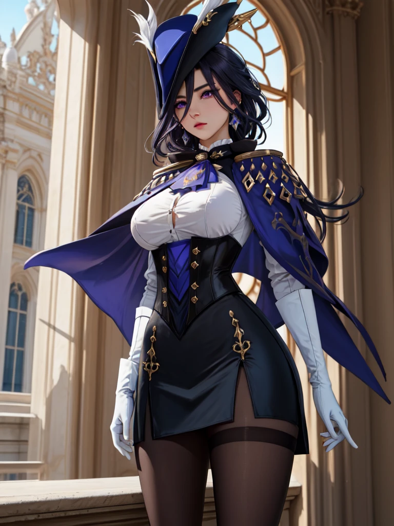 masterpiece, best quality, highly detailed, 1 girl, solo, giclorinde, purple eyes, big breasts, hair between eyes, long hair, dark blue hair, earrings, black skirt, miniskirt, pantyhose, purple ascot, purple capelet, black corset , black pantyhose, black skirt, white gloves, hat, tricorn hat, in fontaine.