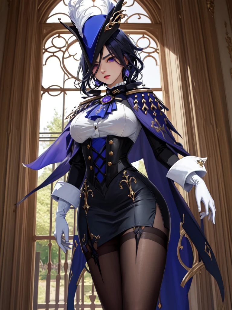 masterpiece, best quality, highly detailed, 1 girl, solo, giclorinde, purple eyes, big breasts, hair between eyes, long hair, dark blue hair, earrings, black skirt, miniskirt, pantyhose, purple ascot, purple capelet, black corset , black pantyhose, black skirt, white gloves, hat, tricorn hat, in fontaine.