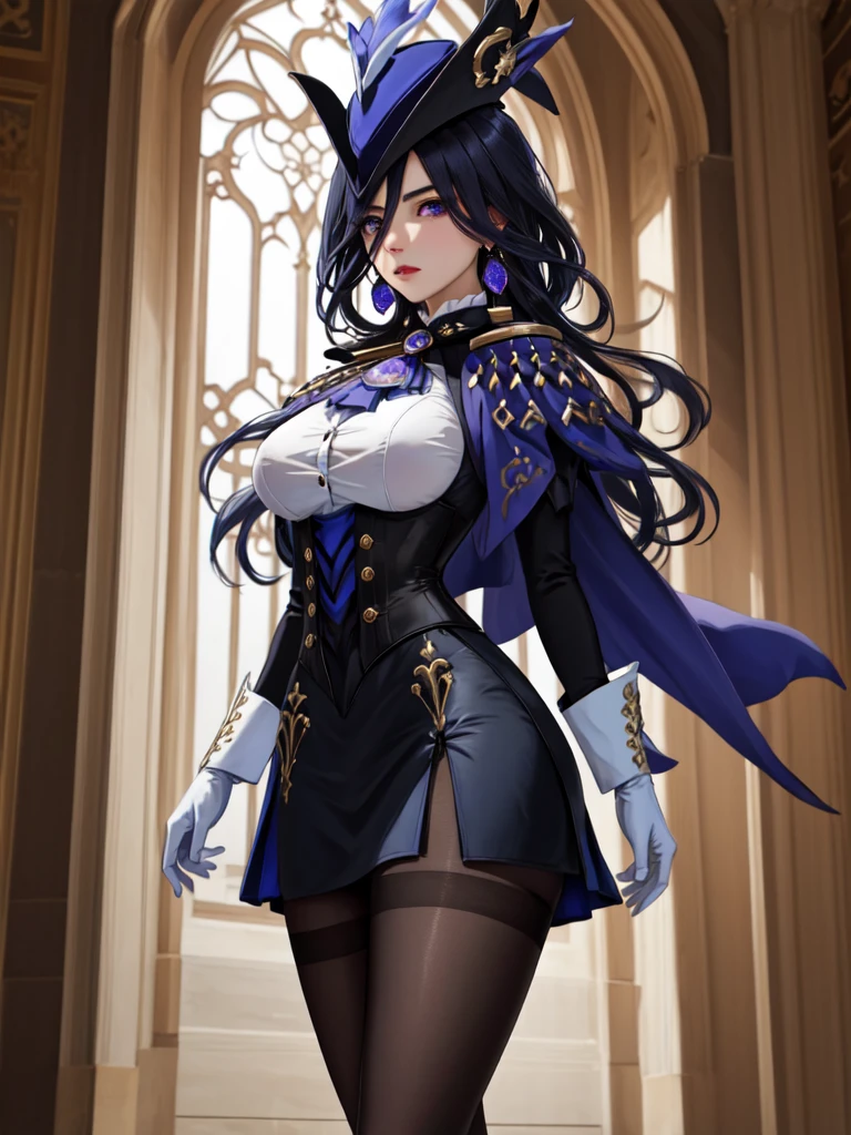 masterpiece, best quality, highly detailed, 1 girl, solo, giclorinde, purple eyes, big breasts, hair between eyes, long hair, dark blue hair, earrings, black skirt, miniskirt, pantyhose, purple ascot, purple capelet, black corset , black pantyhose, black skirt, white gloves, hat, tricorn hat, in fontaine.