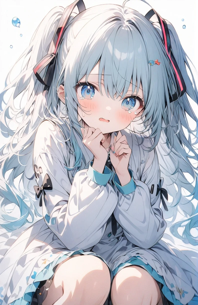 (masterpiece:1.2),(anime),、girl、cute，sweets dream, A colorful world, cute, like, Highest quality, masterpiece，【Highest quality, Tabletop】 (Gray white background:1.7)，Hatsune Miku，cry，目からtears，tears