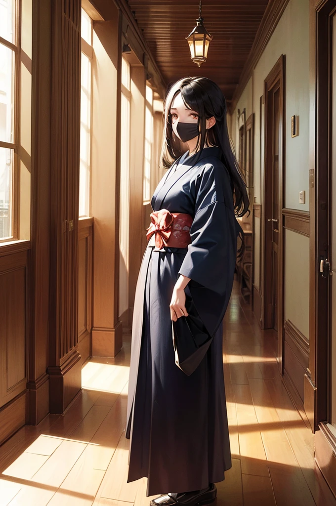 A young woman stands in a dark hallway of an old wooden house, dimly lit by a lantern. The sliding paper doors on both sides are partially open, revealing rooms filled with dust and cobwebs. In front of her, a ghostly figure with long black hair covering its face, dressed in a stained white kimono, silently floats. The lantern casts long, distorted shadows on the walls, while the wooden floor creaks under the weight of the invisible., Perspective, 