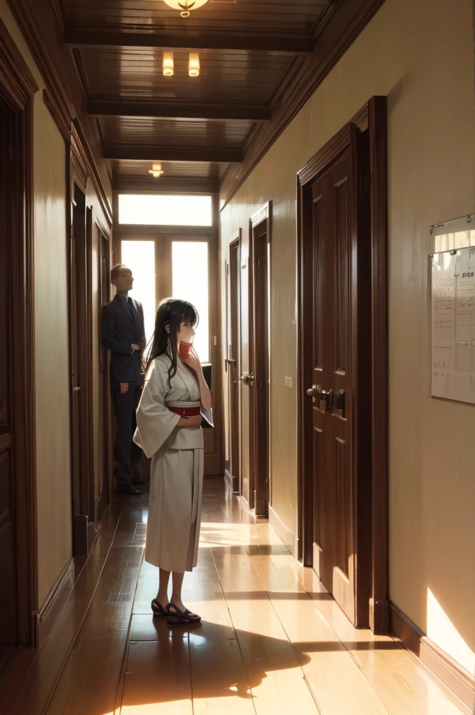 A young woman stands in a dark hallway of an old wooden house, dimly lit by a lantern. The sliding paper doors on both sides are partially open, revealing rooms filled with dust and cobwebs. In front of her, a ghostly figure with long black hair covering its face, dressed in a stained white kimono, silently floats. The lantern casts long, distorted shadows on the walls, while the wooden floor creaks under the weight of the invisible., Perspective,
