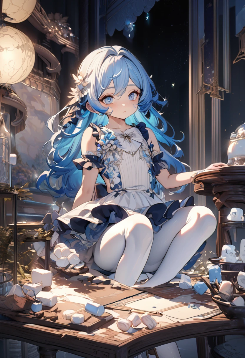 Ethereal Little Boy，Tights little boy，Blue Hair，antiquity, Soft and fair skin, White hair, White eyes, White tights, High Leg Raise, Starlight, Marshmallow, Lolita Fashion, Thin legs, Art Station, Hot, Ultra HD, 4K, Detailed anatomy, (Glowing skin), ((Oily skin)), Dramatic Lighting, High contrast, Kawaii, Skin Indentation, Beautifully, 高品质Unreal Engine 5, beautiful , Hyperrealistic style, Delicate face, floral accessories, Soft background color, sakimichan&#39;s Artwork, exposed, Unreal Engine 5, Movie, Color grading, Portrait Photography, Ultra wide angle, Depth of Field, Ultra Detailed, Colorful, Crazy details, Intricate details, Color grading精美