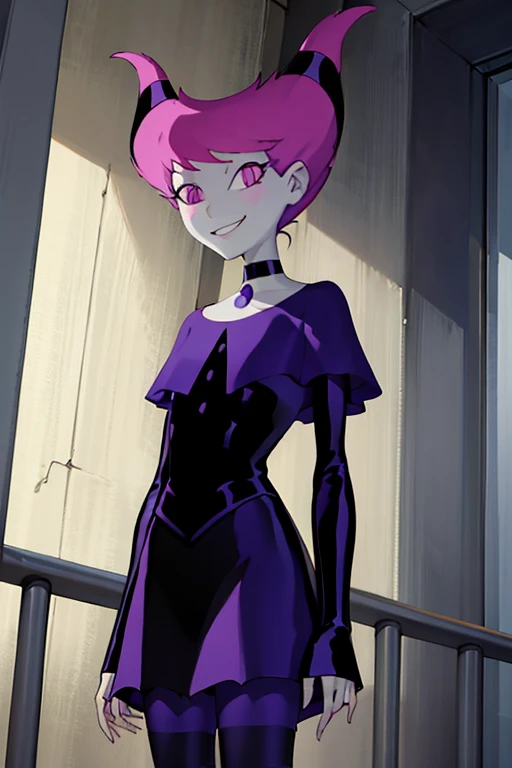 ((masterpiece,best quality)), absurdres, Jinx_TeenTitans,   1girl, solo, pink eyes, pink hair, grey skin, hair up, pale skin, medium hair, hair horns, choker, striped pantyhose, capel, black dress, jewelry,  solo, smiling, looking at viewer, cowboy shot,