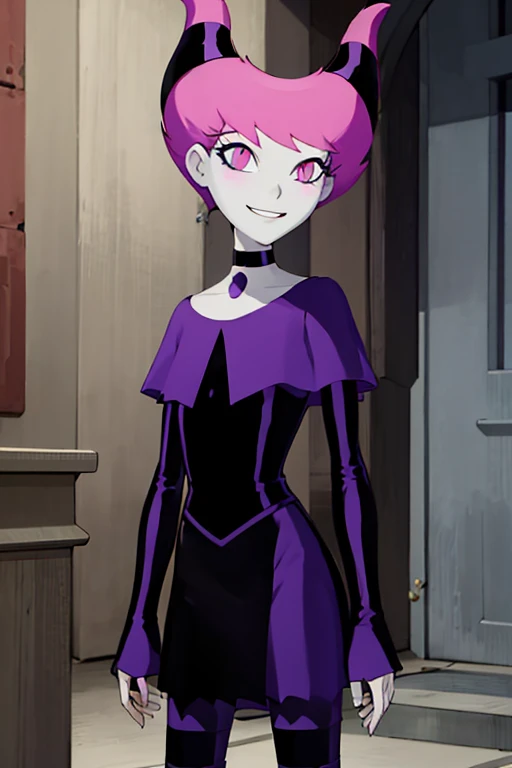((masterpiece,best quality)), absurdres, Jinx_TeenTitans, 1girl, solo, pink eyes, pink hair, grey skin, hair up, pale skin, medium hair, hair horns, choker, striped pantyhose, capel, black dress, jewelry, solo, smiling, looking at viewer, cowboy shot,