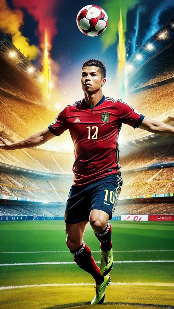 Soccer player Ronaldo、High resolution、soccer ball、Soccer stadium background、With arms outstretched、Highest quality, accurate, Anatomically correct, Abstract painting, masterpiece, 