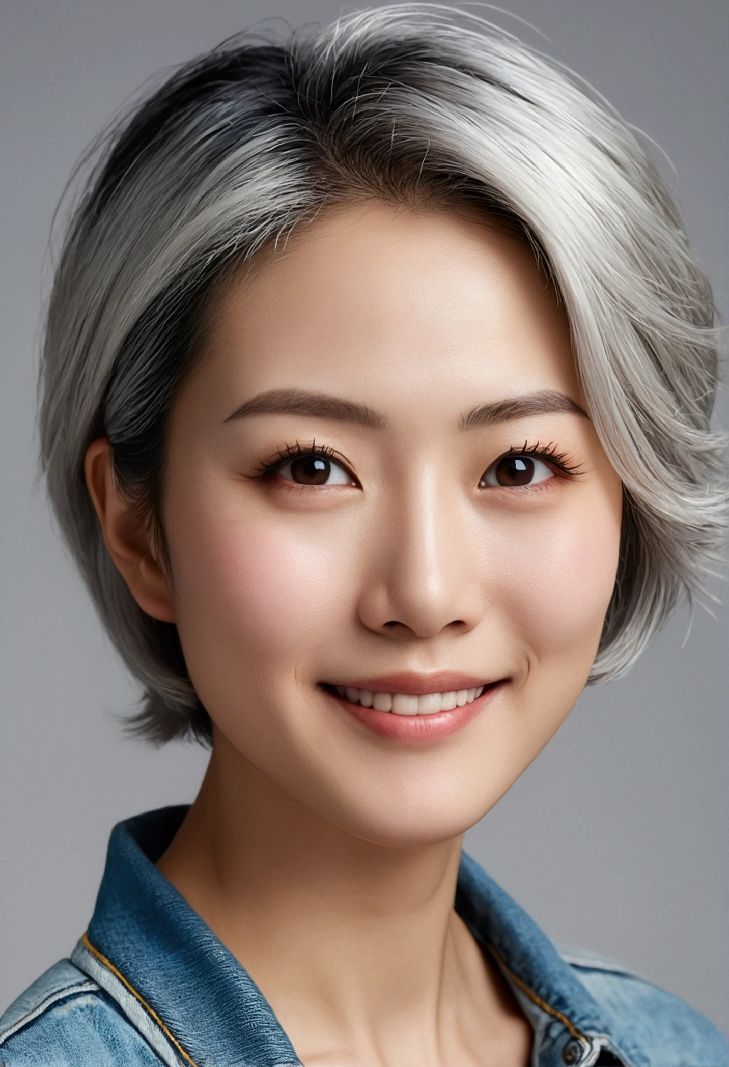 Realistic, masterpiece, Highest quality, Highest Resolution, Portrait of a Japan woman, Depicts only the upper body, Portrait background, Happy smile, Slightly to the side, Always observe the audience, Beautiful and detailed eyes, Dark Eyes, Looks sleepy, Sparkling eyes, (Hidden eyelid wrinkles:1.2), Thin eyebrows, Draw eyelashes carefully, Natural Makeup, (short hair, Silver Hair:1.3), Detailed face, (Face close-up:1.3), ((Denim jacket), Pure white shirt)