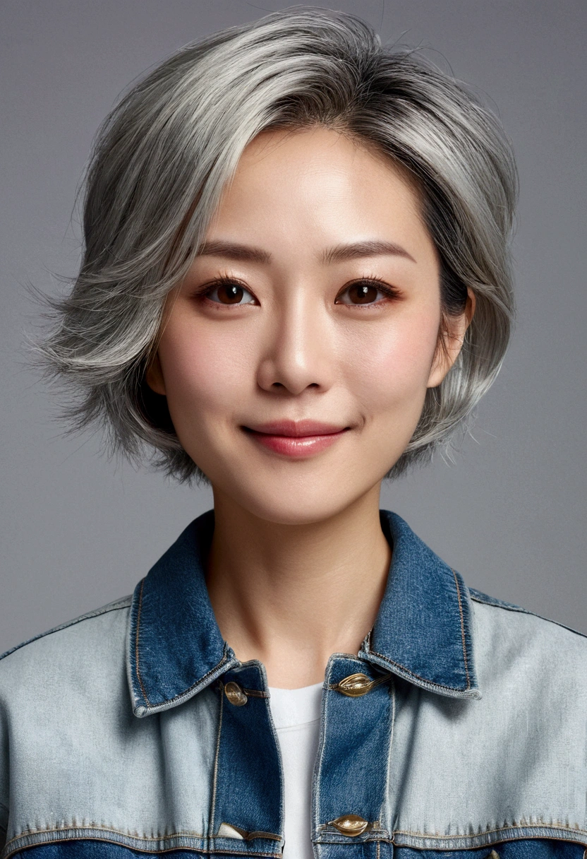 Realistic, masterpiece, Highest quality, Highest Resolution, Portrait of a Japan woman, Depicts only the upper body, Portrait background, Happy smile, Slightly to the side, Always observe the audience, Beautiful and detailed eyes, Dark Eyes, Looks sleepy, Sparkling eyes, (Hidden eyelid wrinkles:1.2), Thin eyebrows, Draw eyelashes carefully, Natural Makeup, (short hair, Silver Hair:1.3), Detailed face, (Face close-up:1.3), ((Denim jacket), Pure white shirt)