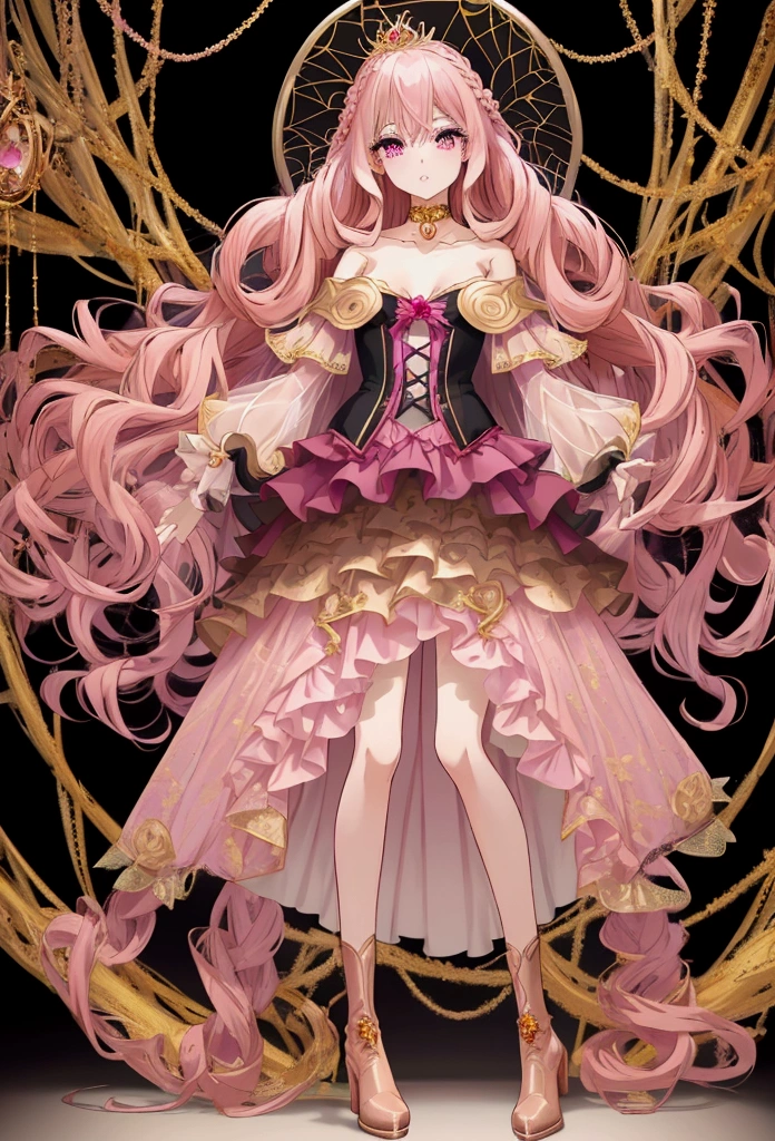 Create an anime-style girl with (((deep magenta eyes and long, wavy pink hair))) ((styled in an elegant frenchbraid)). (((She is slender, and with small breasts))). ((Ensure a full-body shot of her)) wearing a (((magical girl-themed outfit.))) ((The outfit features a fitted bodice with a sweetheart neckline, gold embroidery, and pastel pink accents. The bodice has delicate rose gold spider web patterns. She wears a multi-layered knee-length skirt with a high-low hemline, the outermost layer sheer with gold and rose gold spider web patterns. She has off-the-shoulder puff sleeves, arm-length pastel pink gloves with gold trim, and a gold choker with a red gemstone. The outfit includes a short, detachable sheer cape with rose gold spider web patterns and is fastened with gold brooches. She wears pastel pink ankle boots with gold heels and rose gold laces. Accessories include a gold tiara with a red gemstone and gold spider-shaped hairpins.)) The overall look is regal and ethereal, with magical glowing effects. cutesexy, purinpuon pixiv, no future, a hyperrealistic , hyperrealistic , realistic , seductive (anime girl), smooth anime cg art, beautiful alluring anime , (purinpuon pixiv), ((magical girl)), (masterpiece), best quality, expressive eyes, perfect face ((Highest quality))、((8K))、(((8k wallpaper))) ((Full Body Shot: 1.5))、ultra detailed, masterpiece, best quality, solo ((purinpuon pixiv, no future)) (((purinpuon pixiv, no future)))