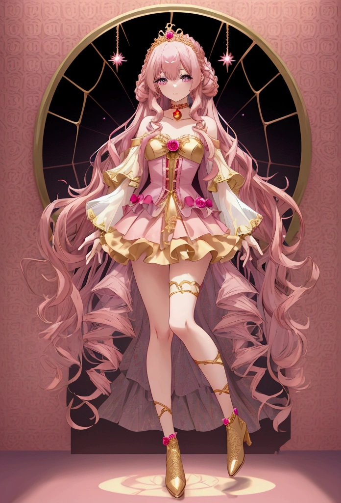 Create an anime-style girl with (((deep magenta eyes and long, wavy pink hair))) ((styled in an elegant frenchbraid)). (((She is slender, and with small breasts))). ((Ensure a full-body shot of her)) wearing a (((magical girl-themed outfit.))) ((The outfit features a fitted bodice with a sweetheart neckline, gold embroidery, and pastel pink accents. The bodice has delicate rose gold spider web patterns. She wears a multi-layered knee-length skirt with a high-low hemline, the outermost layer sheer with gold and rose gold spider web patterns. She has off-the-shoulder puff sleeves, arm-length pastel pink gloves with gold trim, and a gold choker with a red gemstone. The outfit includes a short, detachable sheer cape with rose gold spider web patterns and is fastened with gold brooches. She wears pastel pink ankle boots with gold heels and rose gold laces. Accessories include a gold tiara with a red gemstone and gold spider-shaped hairpins.)) The overall look is regal and ethereal, with magical glowing effects. cutesexy, purinpuon pixiv, no future, a hyperrealistic , hyperrealistic , realistic , seductive (anime girl), smooth anime cg art, beautiful alluring anime teen, (purinpuon pixiv), ((magical girl)), (masterpiece), best quality, expressive eyes, perfect face ((Highest quality))、((8K))、(((8k wallpaper))) ((Full Body Shot: 1.5))、ultra detailed, masterpiece, best quality, solo ((purinpuon pixiv, no future)) (((purinpuon pixiv, no future)))