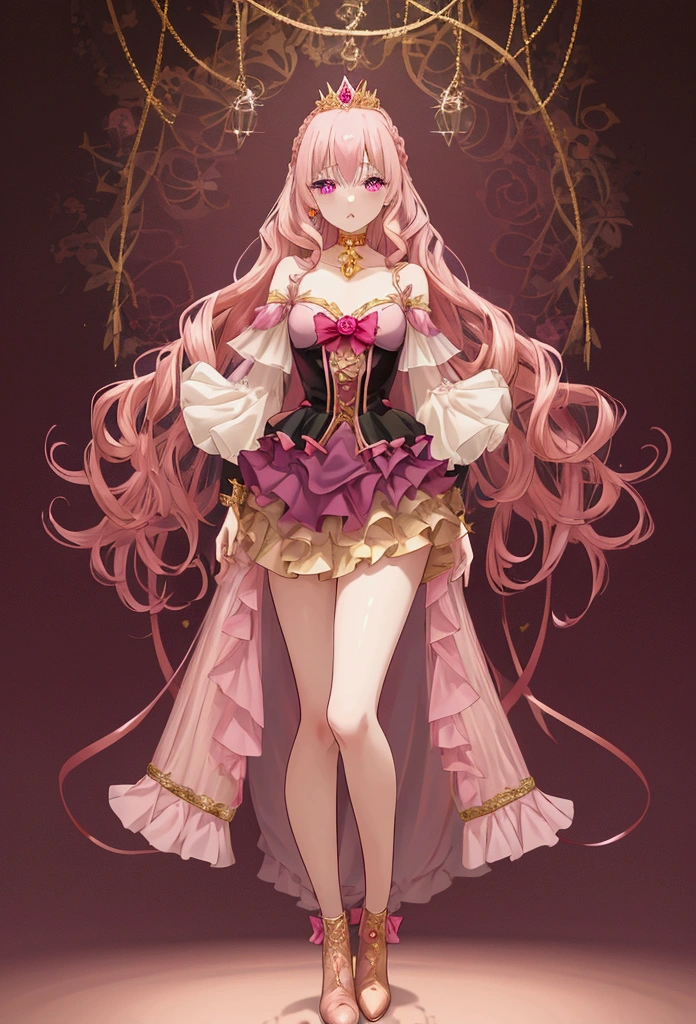 Create an anime-style girl with (((deep magenta eyes and long, wavy pink hair))) ((styled in an elegant frenchbraid)). (((She is slender, and with small breasts))). ((Ensure a full-body shot of her)) wearing a (((magical girl-themed outfit.))) ((The outfit features a fitted bodice with a sweetheart neckline, gold embroidery, and pastel pink accents. The bodice has delicate rose gold spider web patterns. She wears a multi-layered knee-length skirt with a high-low hemline, the outermost layer sheer with gold and rose gold spider web patterns. She has off-the-shoulder puff sleeves, arm-length pastel pink gloves with gold trim, and a gold choker with a red gemstone. The outfit includes a short, detachable sheer cape with rose gold spider web patterns and is fastened with gold brooches. She wears pastel pink ankle boots with gold heels and rose gold laces. Accessories include a gold tiara with a red gemstone and gold spider-shaped hairpins.)) The overall look is regal and ethereal, with magical glowing effects. cutesexy, purinpuon pixiv, no future, a hyperrealistic , hyperrealistic , realistic , seductive (anime girl), smooth anime cg art, beautiful alluring anime teen, (purinpuon pixiv), ((magical girl)), (masterpiece), best quality, expressive eyes, perfect face ((Highest quality))、((8K))、(((8k wallpaper))) ((Full Body Shot: 1.5))、ultra detailed, masterpiece, best quality, solo ((purinpuon pixiv, no future)) (((purinpuon pixiv, no future)))