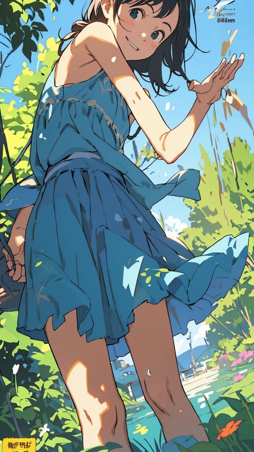 Affordable design, Clear lines, High Sharpness, (Highest quality,8k,Perfect sharpness,Ultra fine,High resolution,masterpiece:1.2), Perfect Anatomy:1.5, Official Art, Illustrations that tell a story, (Whitish background:0. 9)、Body Positivity、多Mr.な身体表現、(Random and energetic poses)、Perfect beauty、Perfect beautiful face、Strong winds、A rich expression、Dynamic composition、smile、Golden ratio composition、colorful、((Mr.々Different angles and perspectives))、Anime Art、(Mini dress)、(Overcoming stereotypes)、 Glowing Skin、(Natural beauty)、smile、Bangs、(Soft and flowing hair)、(countryside)、(Nostalgic atmosphere)、Show off your thighs、(Playful and carefree)、(多Mr.な民族のキャラクター)、(innocent attitude)、(Sunny atmosphere)、(The skirt flutters wildly in the wind)、(Bright colors)、Beautiful Eyes、(Embarrassing)、Braided Hair、Summer Scene、Smiling among flowers、Fashion magazine cover、Side angle、Angle from below、