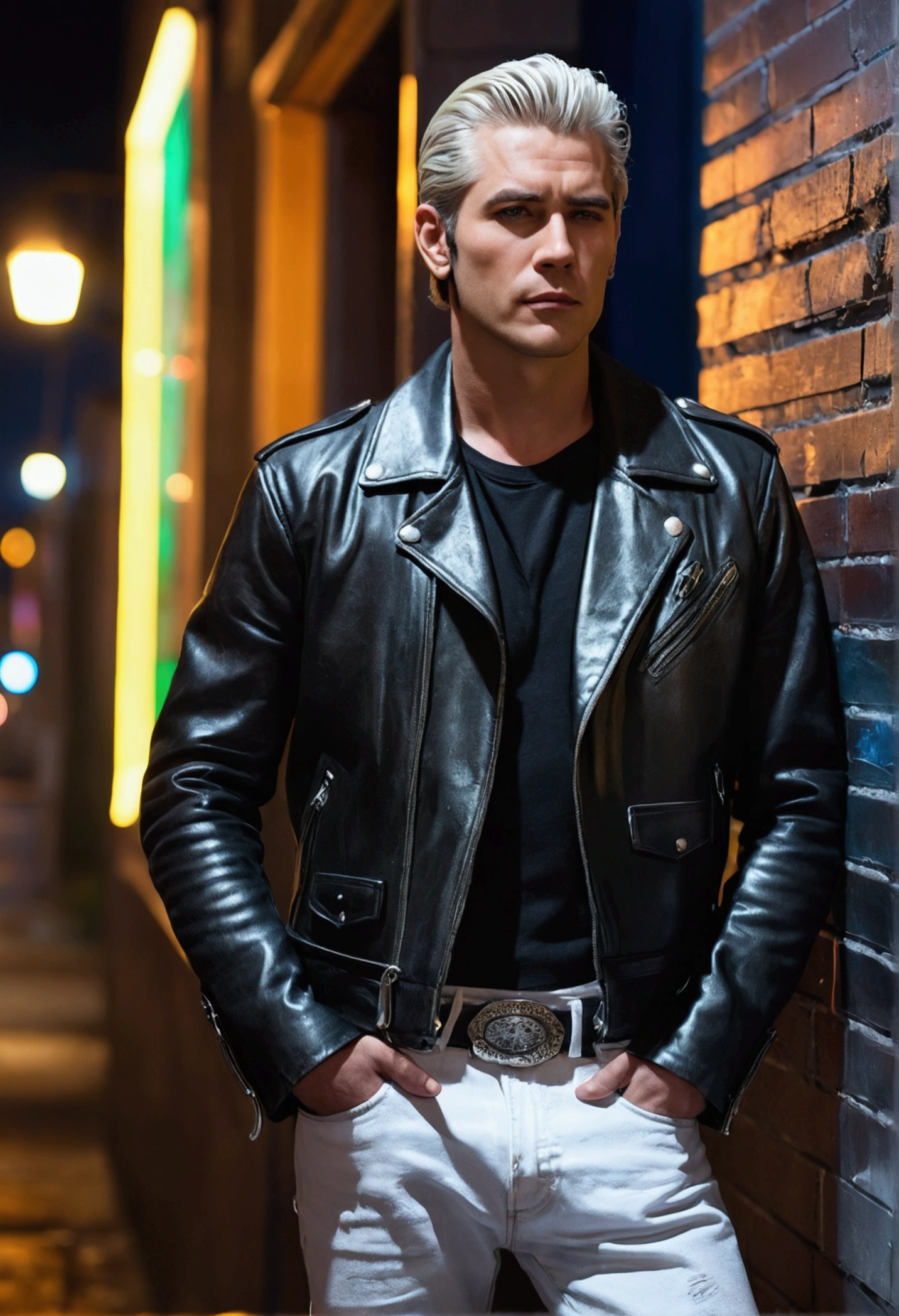 
"Create an image of a handsome, hardboiled man without a beard. He is wearing a black leather jacket, a white T-shirt, jeans, and boots. He has short, slicked-back, silver, expressive, wet, and shiny hair. The background is a neon-lit city at night. He has a calm, piercing gaze and is holding a cigarette. He is either leaning against a wall or walking. Surrealism, Conceptual art, cowboy shot, lens flare, 8k, super detail, UHD, masterpiece, anatomically correct, textured skin, super detail, high details, high quality, award-winning, best quality, highres."