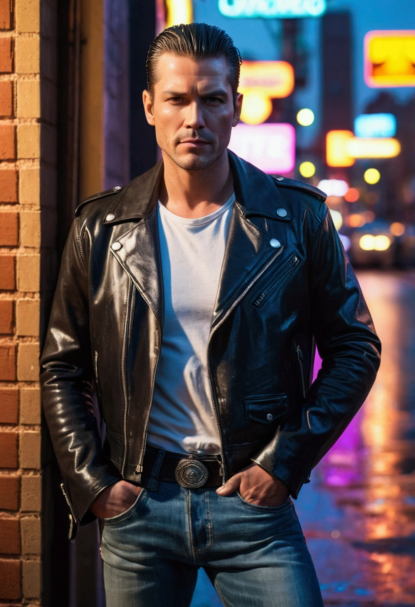 "Create an image of a handsome, hardboiled man without a beard. He is wearing a black leather jacket, a white T-shirt, jeans, and boots. He has short, slicked-back, silver, expressive, wet, and shiny hair. The background is a neon-lit city at night. He has a calm, piercing gaze and is holding a cigarette. He is either leaning against a wall or walking. Surrealism, Conceptual art, cowboy shot, lens flare, 8k, super detail, UHD, masterpiece, anatomically correct, textured skin, super detail, high details, high quality, award-winning, best quality, highres."
