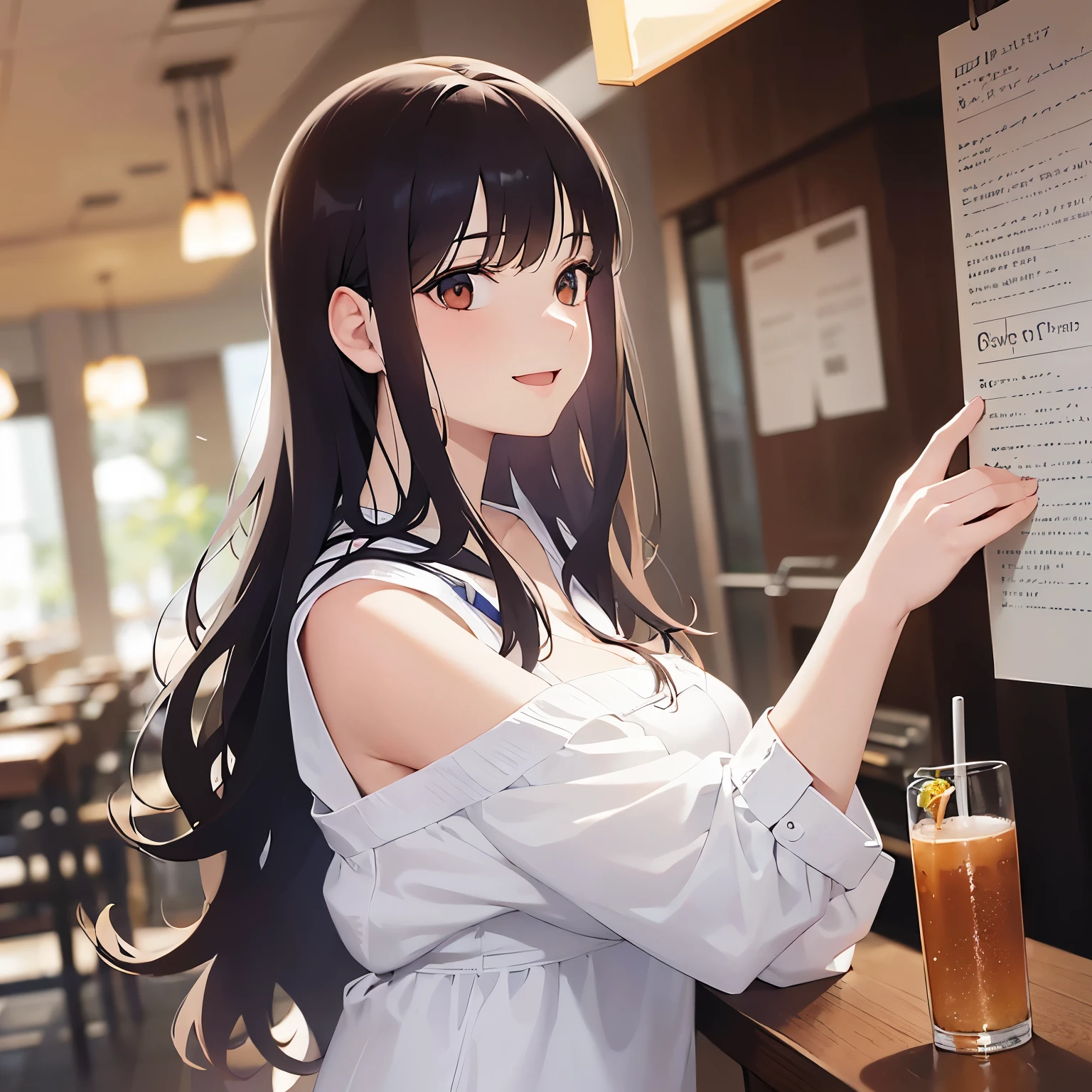 Realistic,real person,(pale skin: 1.2),RAW photo,photorealistic,shiny skin,shiny hair,(A 27-year-old woman with medium-length hair and bangs)and(wavy hair)and(brown hair)and(orange eyes),BREAK(white:1.5) and (off shoulder blouse)BREAK,(smile:1.5),(open mouth),The background is inside a restaurant,Alone,(Holding paper),(Biologically correct５Finger),side angle,(looking away:1.5)