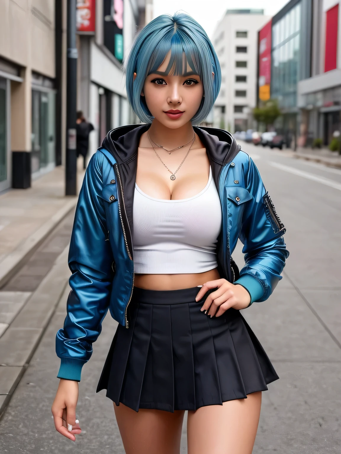 (blue hair:1.4), short hair, realistic green eyes, cobalt hair, long bob hair, tousled hair, shoulder length hair, Full body, woman with white skin and Asian features, 24 year old, big breast. She has a small, elegant nose with a slight upward curve at the tip. Her lips are full and naturally pink, with a well-defined Cupid's bow. Her teeth are straight and white, enhancing her captivating smile. Her face has an oval shape with high cheekbones that add to her model-like appearance. highly detailed glowing eyes, specular light, extreme quality, crystal clear, cute face, detailed skin pores, oil Dark skin, brown, complex eye details, 8K, (((of the highest quality: 1.4))),(unparalleled masterpiece ever), (Ultra high definition),(Ultra-realistic 8K CG), offcial art、 (((adult body, cleavage showing))), (((1girl in))), Punk girl with a perfect body, (school girl uniform:1.2), (school girl skirt:1.3) and backpack with lots of straps buckles and zippers,Beautiful and well-groomed face,Fancy makeup, (Detailed punk fashion1.3),school girl uniform and school girl skirt, (Image from head to thigh), (Harajuku-inspired hooded jacket1.3), Simon Bisley's urban savage style,Detailed street background of school classroom,Clean abs, Complex graphics, piercings, (short hair:1.2), (short hair:1.3), (short hair:1)