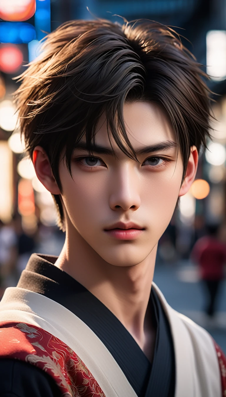 Meticulous, analog style, focus on the eyes, highest quality, (highly detailed skin), photo of very handsome pale skin Japane donghua boy, 21 years old, (wearing), perfect face, pore skin, (penetration:0.5), japanese city background, (bokeh:0.6), sharp focus, grainy lighting, (backlight:0.7), film grain, photographed with Sony A7R IV camera, 18mm F/1.7 cine lens, (highly detailed, intricate detail), 8k, HDR, front view, (full body: 0.9)