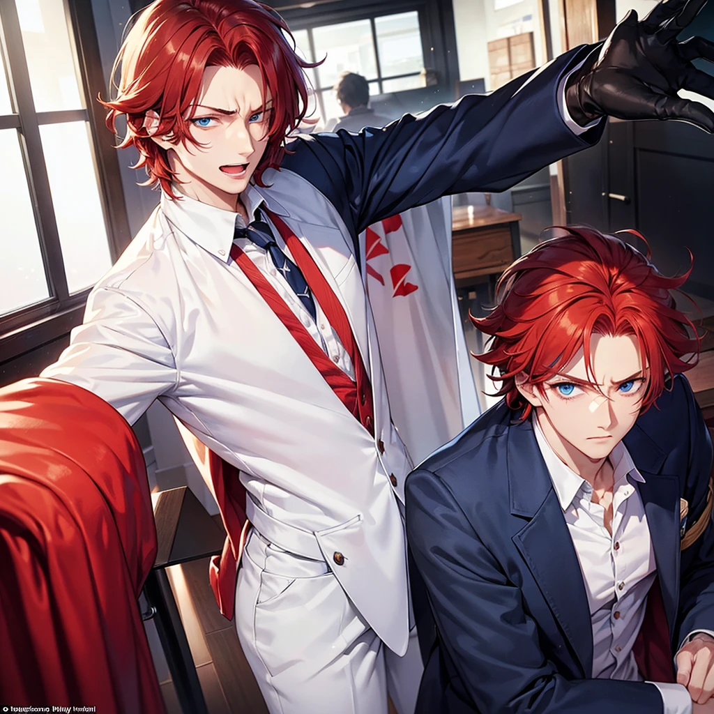 Occupation: Inventor Appearance: 23 years old, 183cm tall, good-looking, thick, messy red hair, blue eyes Personality: Joker, fun-loving, brotherly, energetic, crybaby, suffers from unknown PTSD