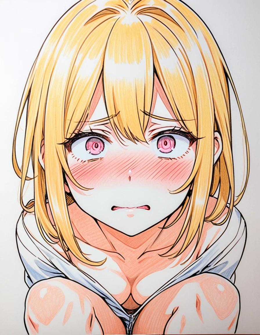 nsfw, masturbation:1.3, touch pussy, pussy juice:0.5, from front, open legs:1.3, squatting:1.3, female, white, colour pencil drawing, draft drawing, illustration, half open eyes, rolling eyes, closed lip, (embarrassed,blush:1.3)