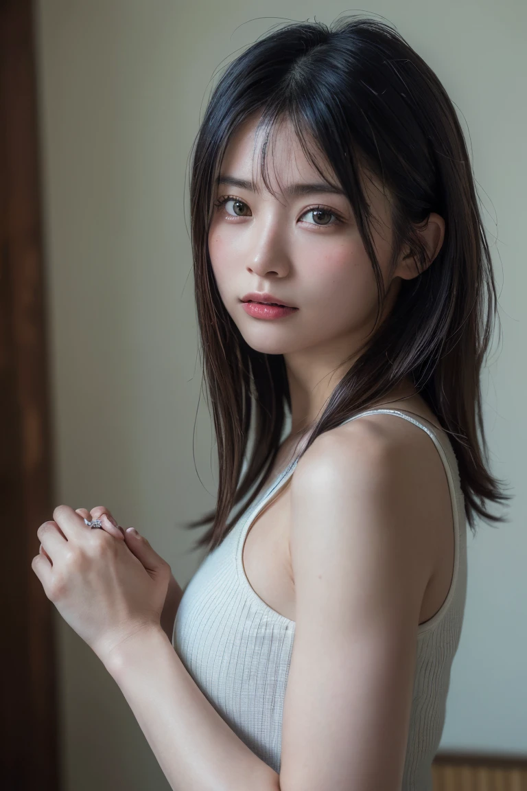 (Highest quality:1.4),(masterpiece:1.4),(Realistic:1.4),(Realistic:1.2),(超High resolution, RAW Photos:1.4),(High resolution, Ultra-detailed:1.2),(8k:1.2),Cinematic photography,a photo of a dark-haired,One girl,alone,wear ,((Japanese female warrior))、((Upper Body:1.3))、Raise your arms to show your sides、((Raise your arms to show your sides))