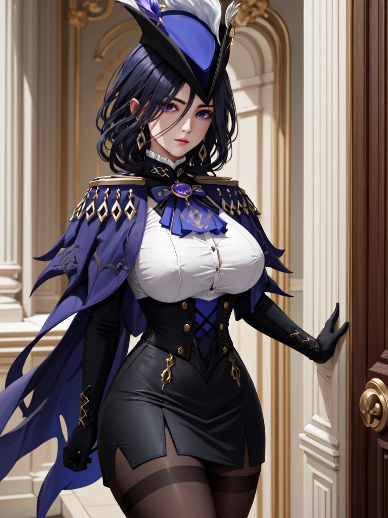 masterpiece, 32k uhd best quality, highly detailed, 1 girl, solo, giclorinde, purple eyes, , hair between eyes, long hair, dark blue hair, earrings, black skirt, miniskirt, pantyhose, e ascot, purple capelet, black corset , black pantyhose, blackt, white gloves, hat, tricorn hat, in fontaine.