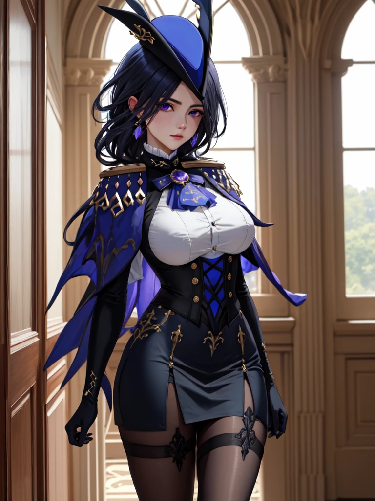 masterpiece, 32k uhd best quality, highly detailed, 1 girl, solo, giclorinde, purple eyes, big breasts, hair between eyes, long hair, dark blue hair, earrings, black skirt, miniskirt, pantyhose, purple ascot, purple capelet, black corset , black pantyhose, black skirt, white gloves, hat, tricorn hat, in fontaine.