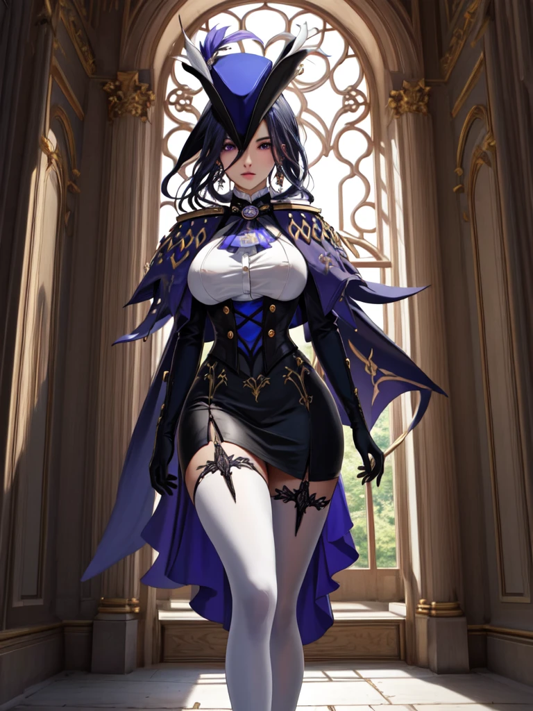 masterpiece, 32k uhd best quality, highly detailed, 1 girl, solo, giclorinde, purple eyes, big breasts, hair between eyes, long hair, dark blue hair, earrings, black skirt, miniskirt, pantyhose, purple ascot, purple capelet, black corset , black pantyhose, black skirt, white gloves, hat, tricorn hat, in fontaine.