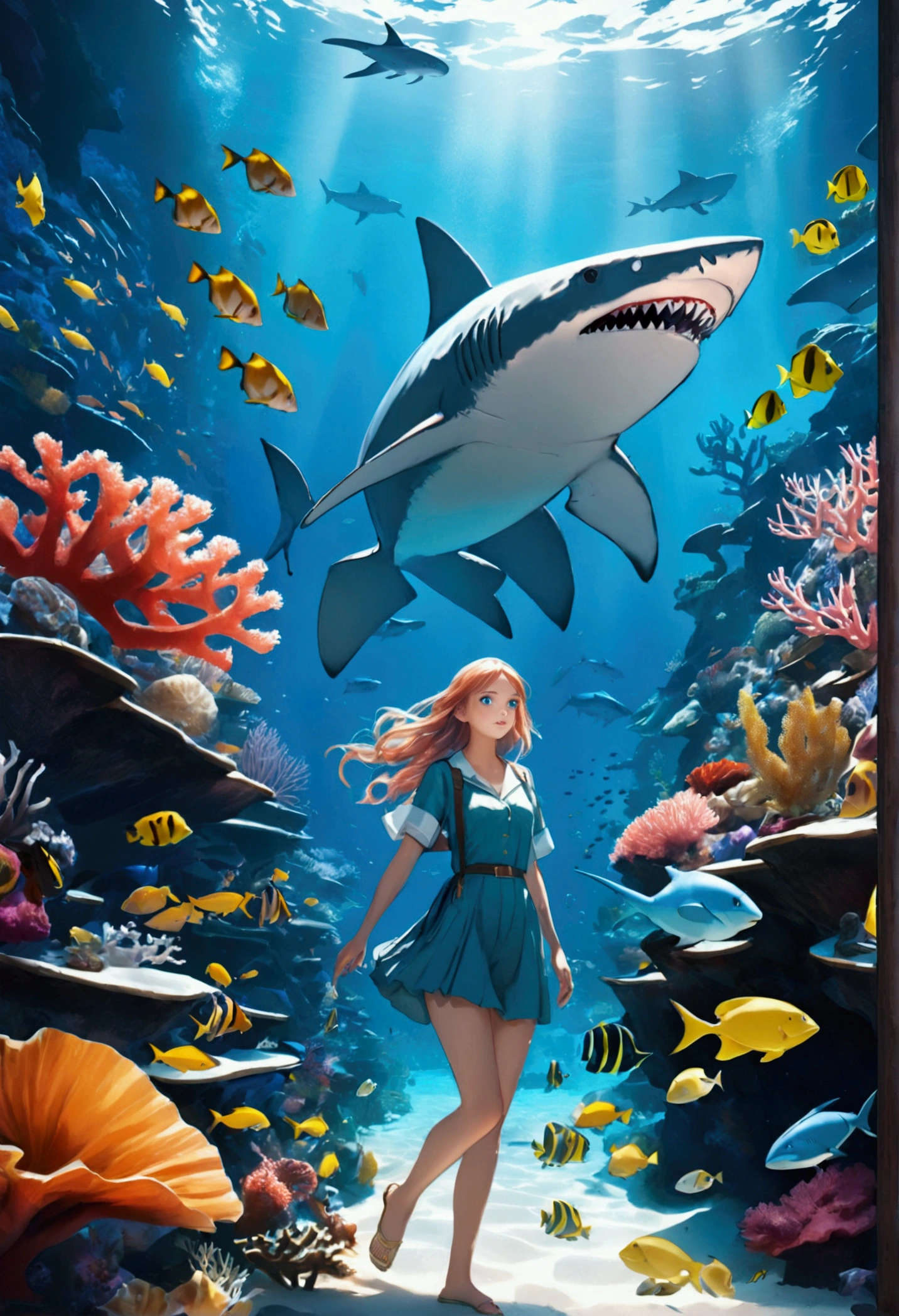 Beautiful girl with shark-like features, Sparkling blue eyes, Sharp teeth, Scaly skin, Floating in a fantastic underwater landscape with kelp, Coral, School of tropical fish, Detailed and realistic 3D rendering, Cinema Lighting, Vibrant colors, Concept Art Style